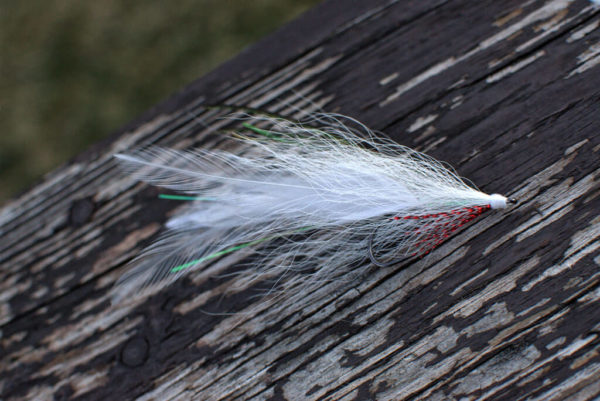 A single fly fishing lure by Urban Fly Co., named 'Lefty,' featuring a combination of white, green, and brown feathers, displayed on a weathered wooden surface with a blurred natural background.