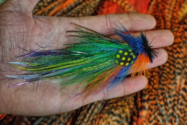 Urban Fly Co. vibrant multicolored feathered fishing lure held in hand, showcasing detailed design with blue, green, yellow, and orange accents.