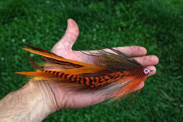 Urban Fly Co. Sucker Single Minnow fishing lure with vibrant orange and black feathers, displayed on a hand with a green grass background.