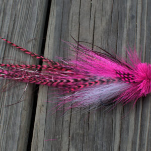 A vibrant pink and white fly fishing lure by Urban Fly Co., featuring a detailed design with pink and black striped feathers, white accents, and a bushy pink head, displayed on a wooden surface.