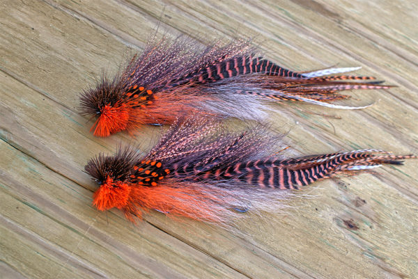 A pair of detailed fly fishing lures by Urban Fly Co., featuring a combination of orange, black, and brown feathers with striped and spotted accents, and bushy orange and black heads, displayed on a wooden surface.